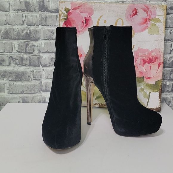 bucco Shoes - Bucco Platform Black & Gold Velvet Heeled Booties